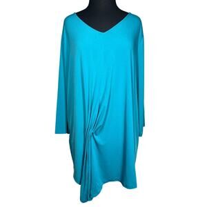 Susan Graver Liquid Knit V-Neck Top w/ Side Drape Ruch Detail Teal Blue Green 3X